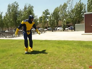 Yellow gloved superhero fucks a slut he meets in public