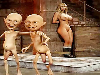 Two funny goblins catch busty blonde