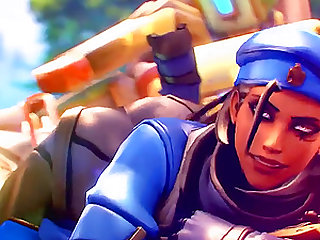 Naughty round ass Pharah riding big dick in the gym