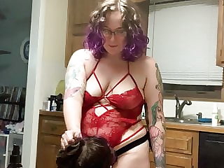 MrsDommeRee gets her sub to suck her strap on cock
